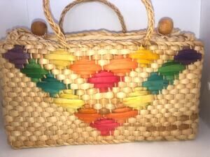 Vintage Colorful Straw Tote Handbag Lined Folded Toggle Closing 12" x  7" x 4.5"